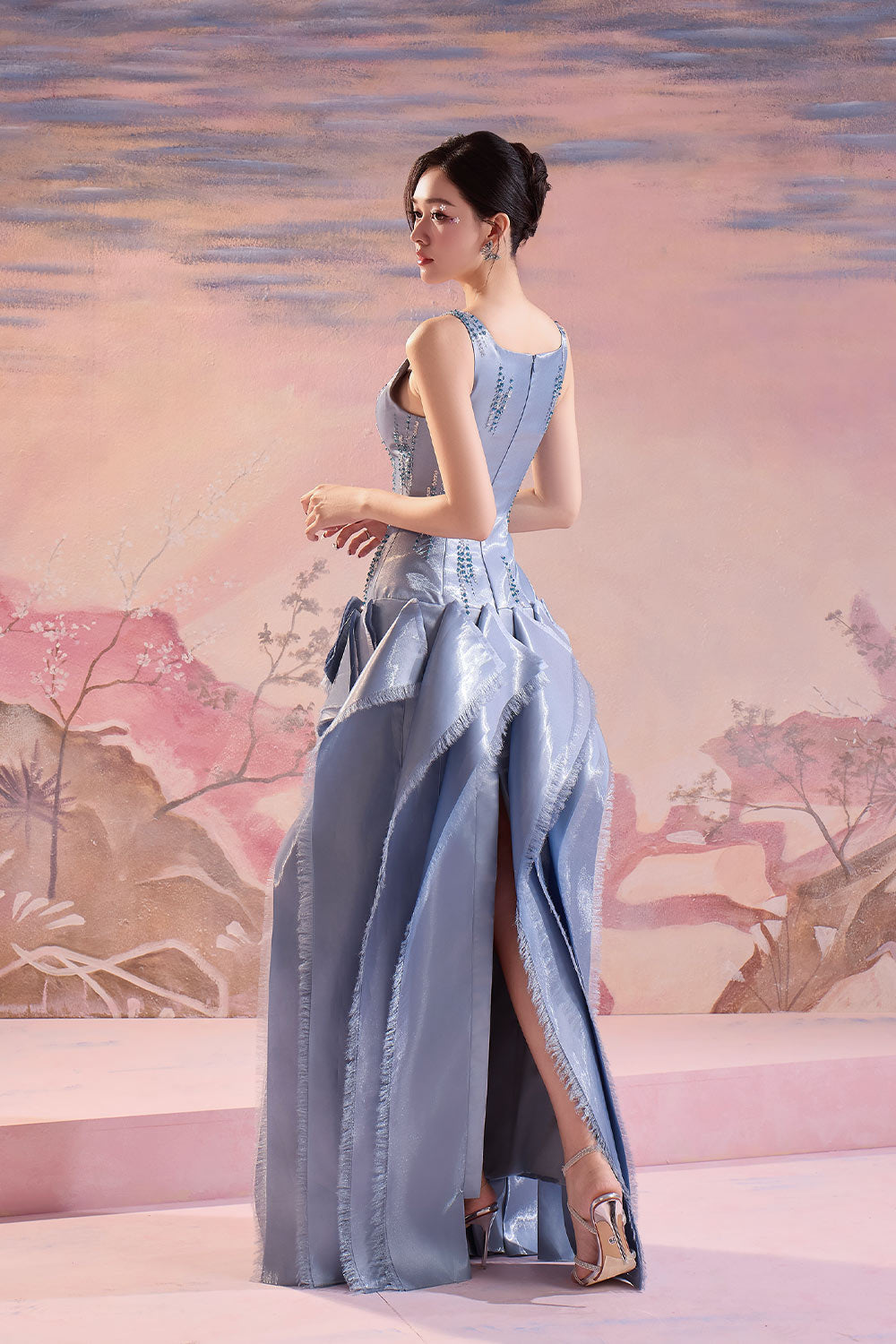 Ella Drop Waist Fringed Satin Floor Length Dress