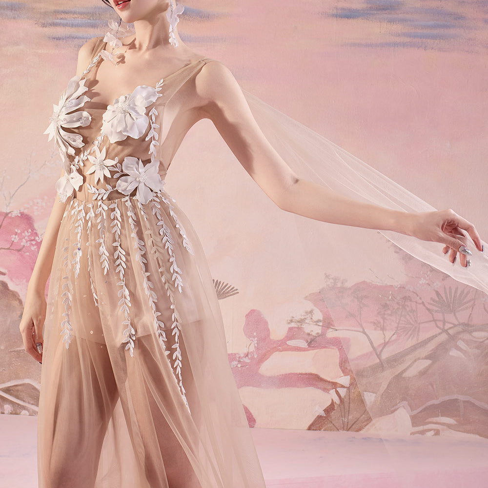 Emma A-line See-Through Mesh Silk Maxi Dress