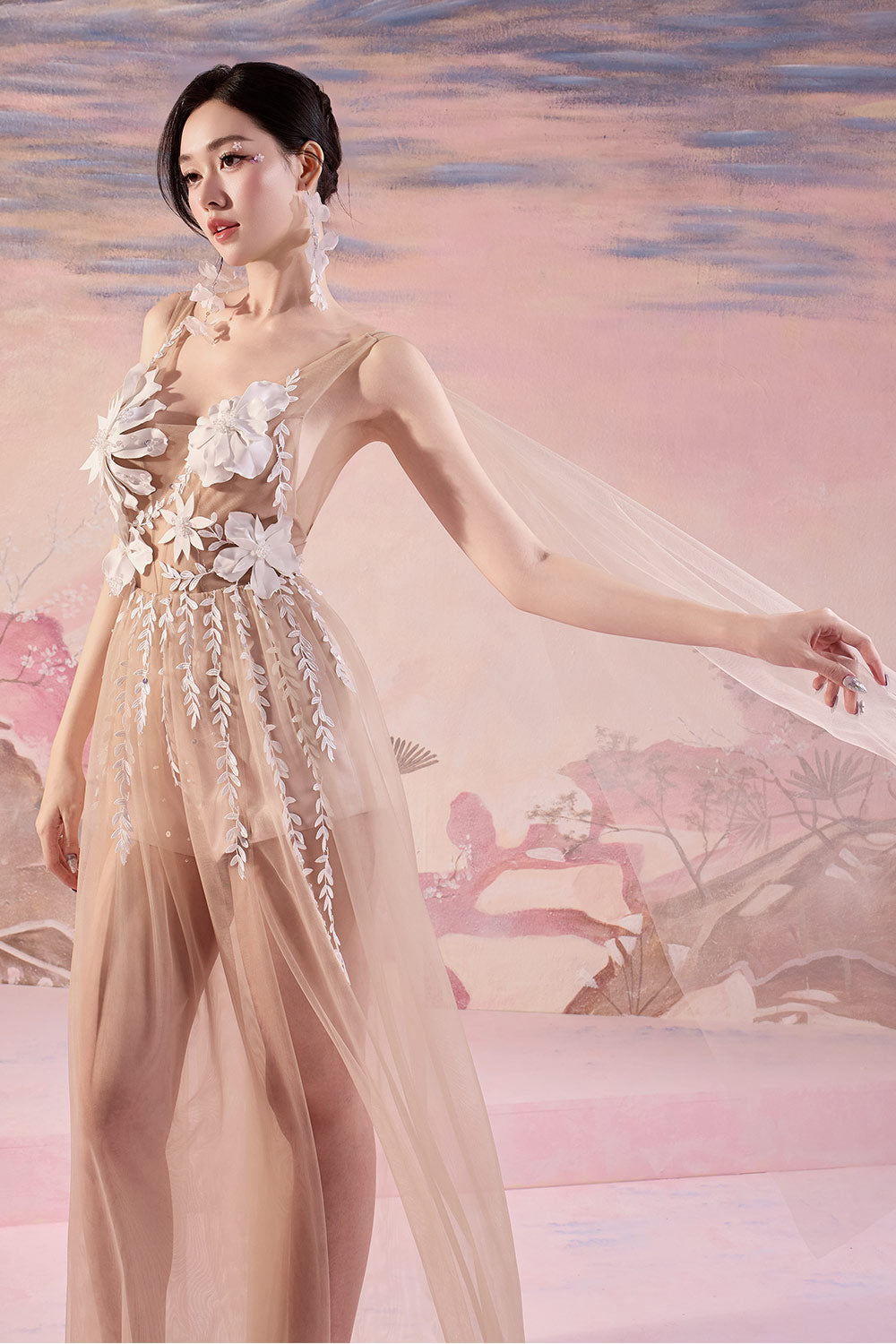 Emma A-line See-Through Mesh Silk Maxi Dress