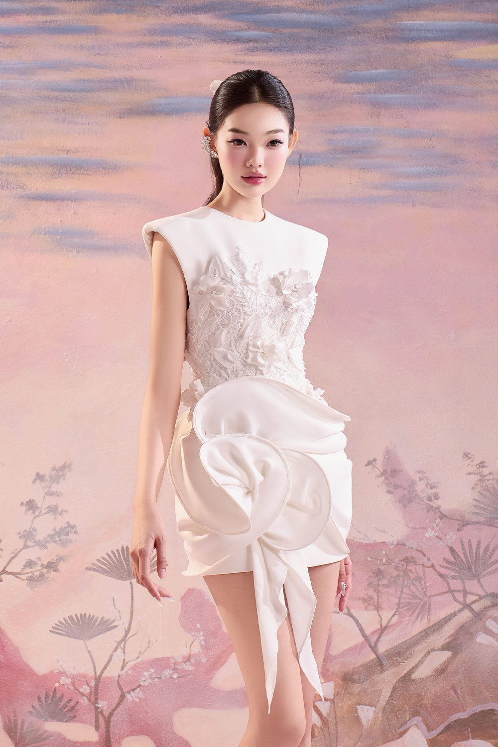 monroe mini dress Women's Monroe Asymmetric Floral Polycotton Mini Dress S/M/L/Customize  White MEAN BLVD