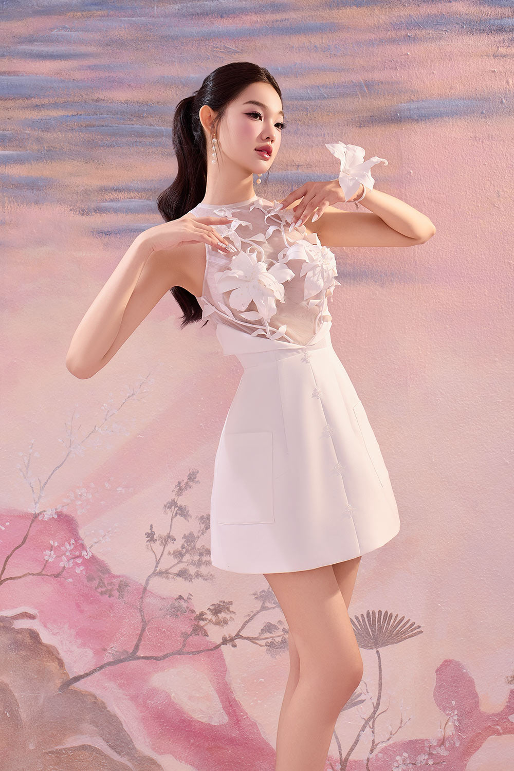 Vivian A-line Halter Neck Mesh Taffeta Mini Dress