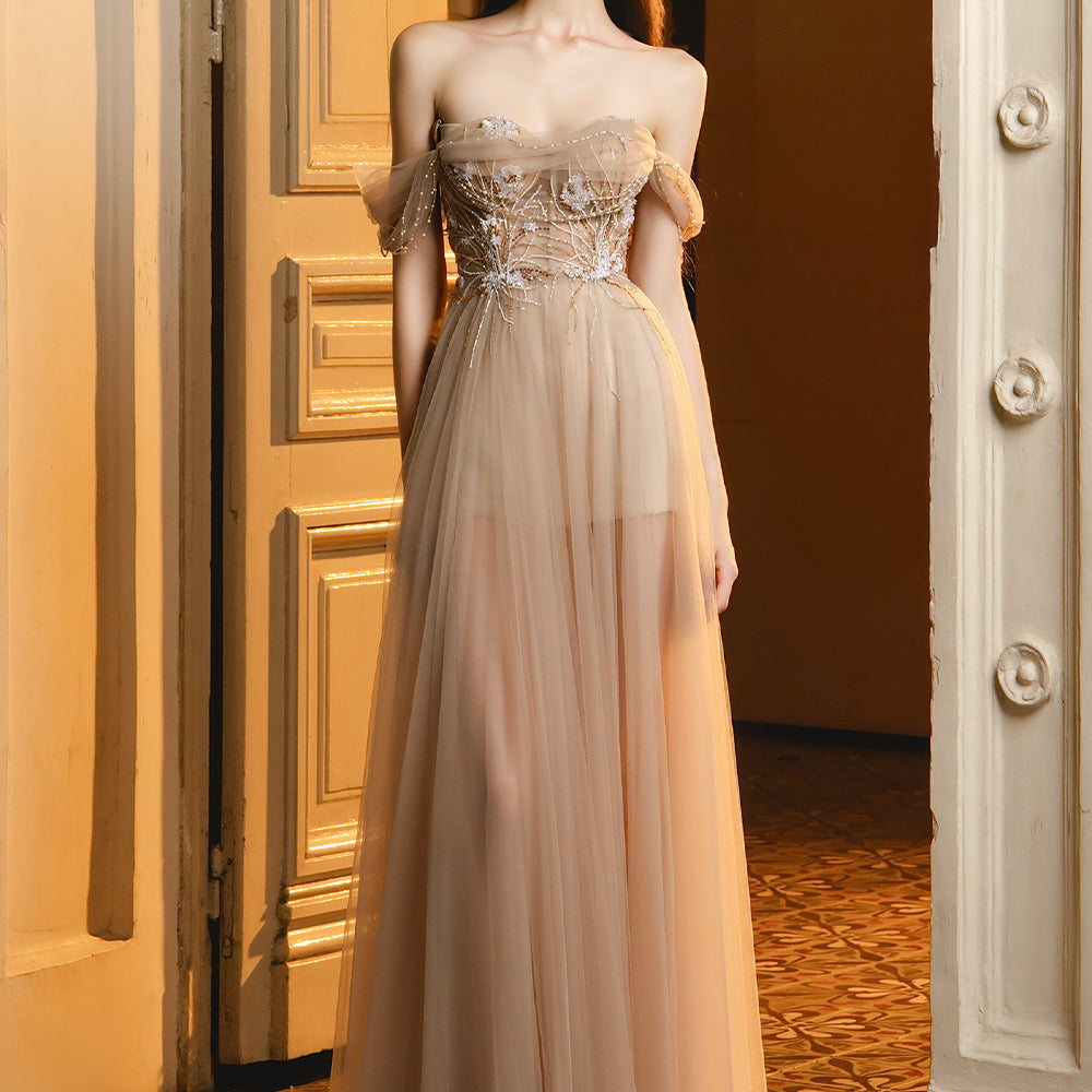 Leon A-line Off-Shoulder Mesh Maxi Dress