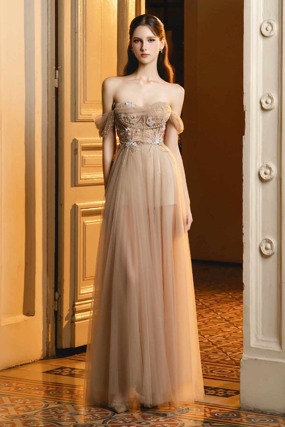 Leon A-line Off-Shoulder Mesh Maxi Dress Beige Sand / L