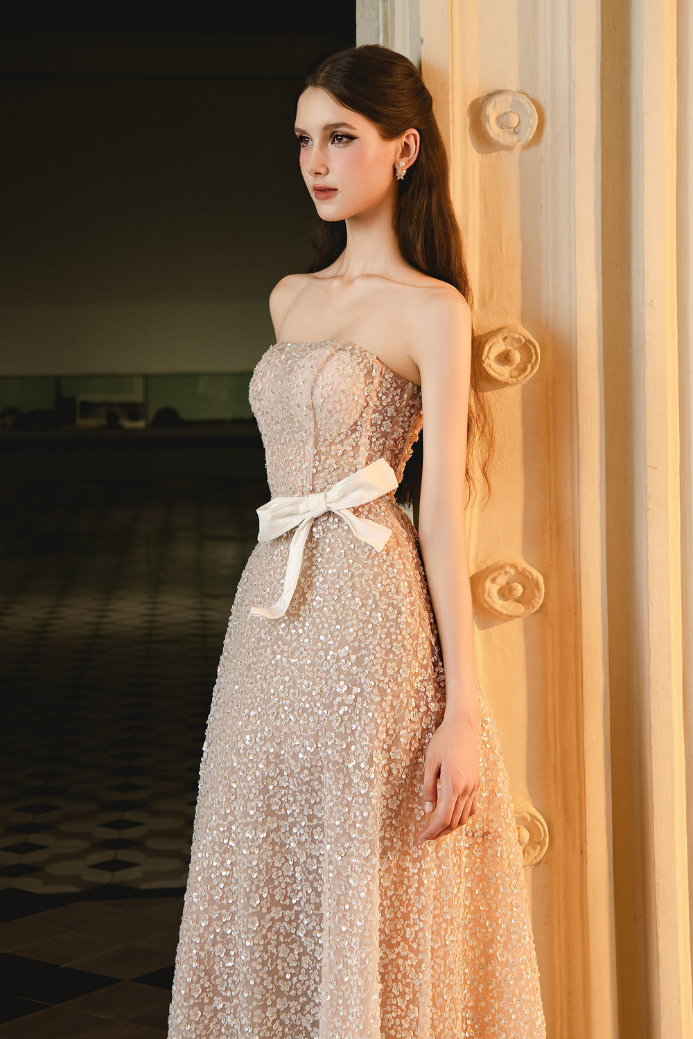 Harding A-line Straight Across Neck Mesh Midi Dress Beige Pearl / M