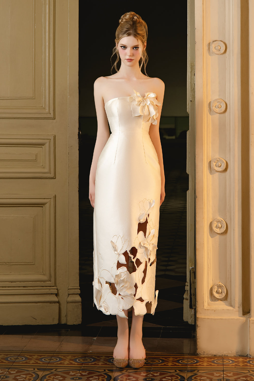 Graham Sheath Flower Applique Taffeta Midi Dress