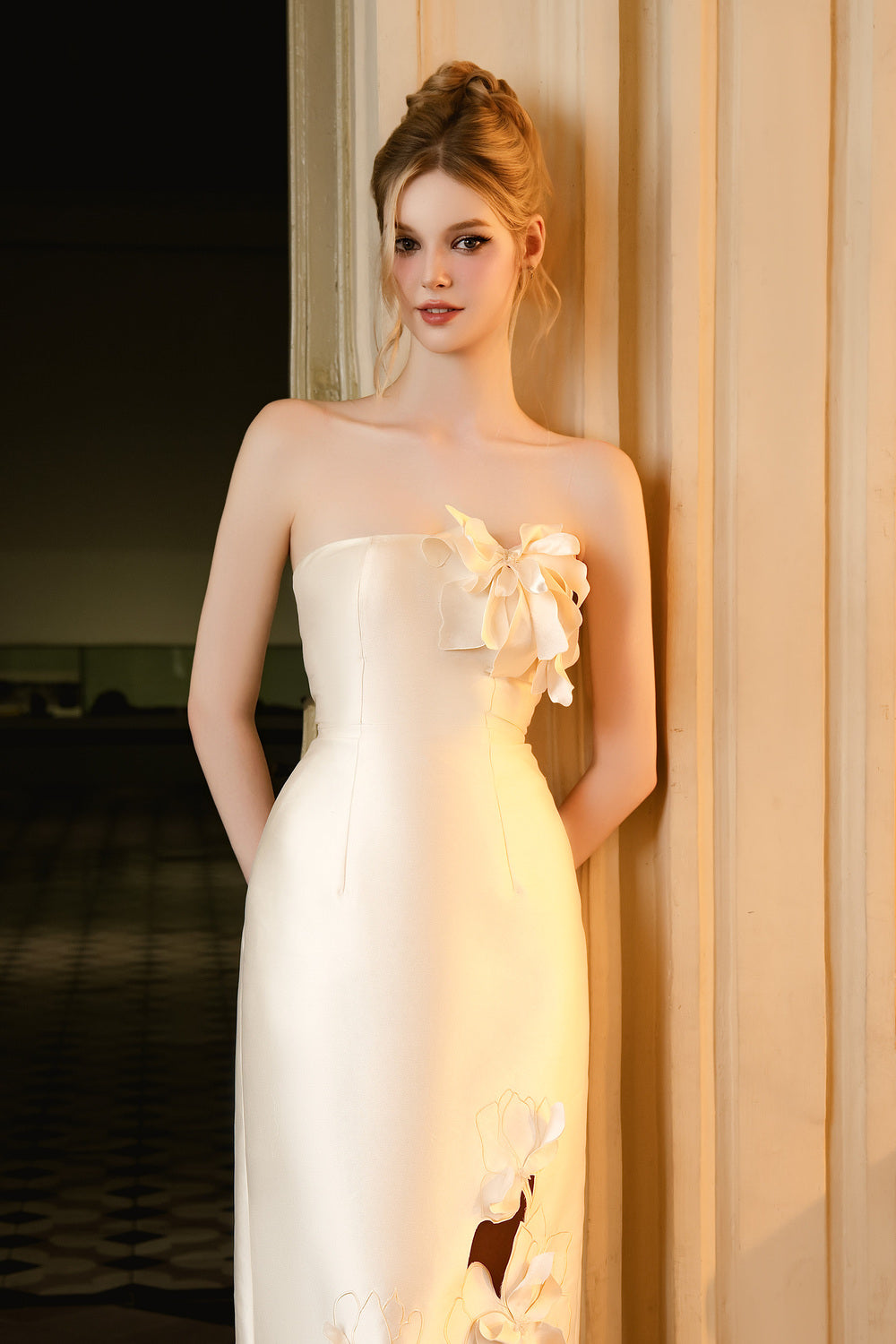 cream taffeta dress Women's Graham Sheath Flower Applique Taffeta Midi Dress S/M/L/Customize Cream MEAN BLVD Cream / L