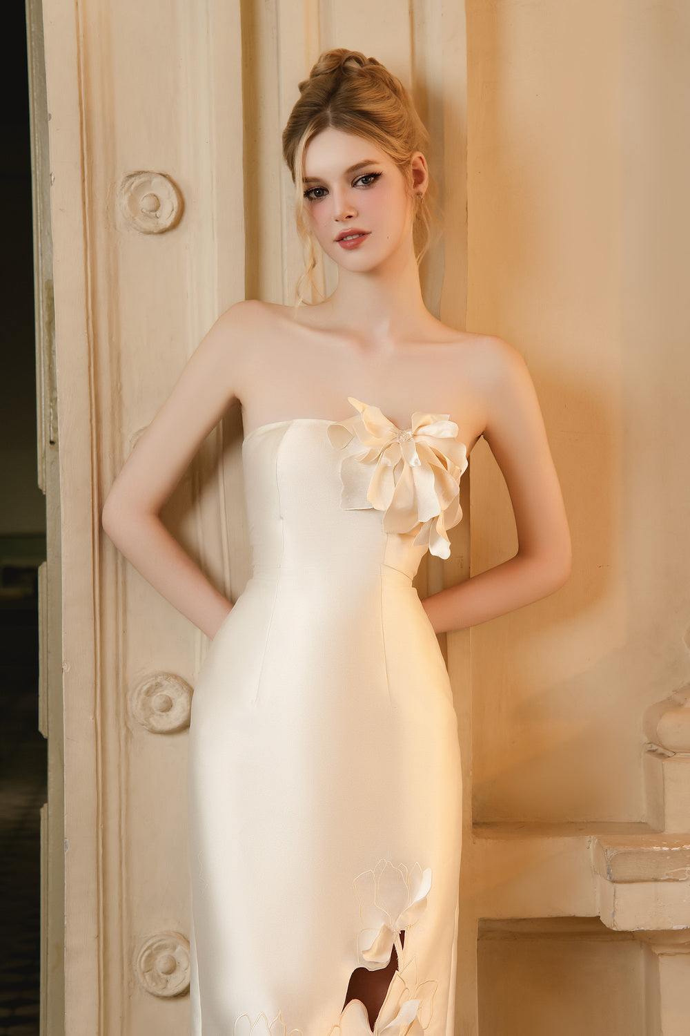 Graham Sheath Flower Applique Taffeta Midi Dress