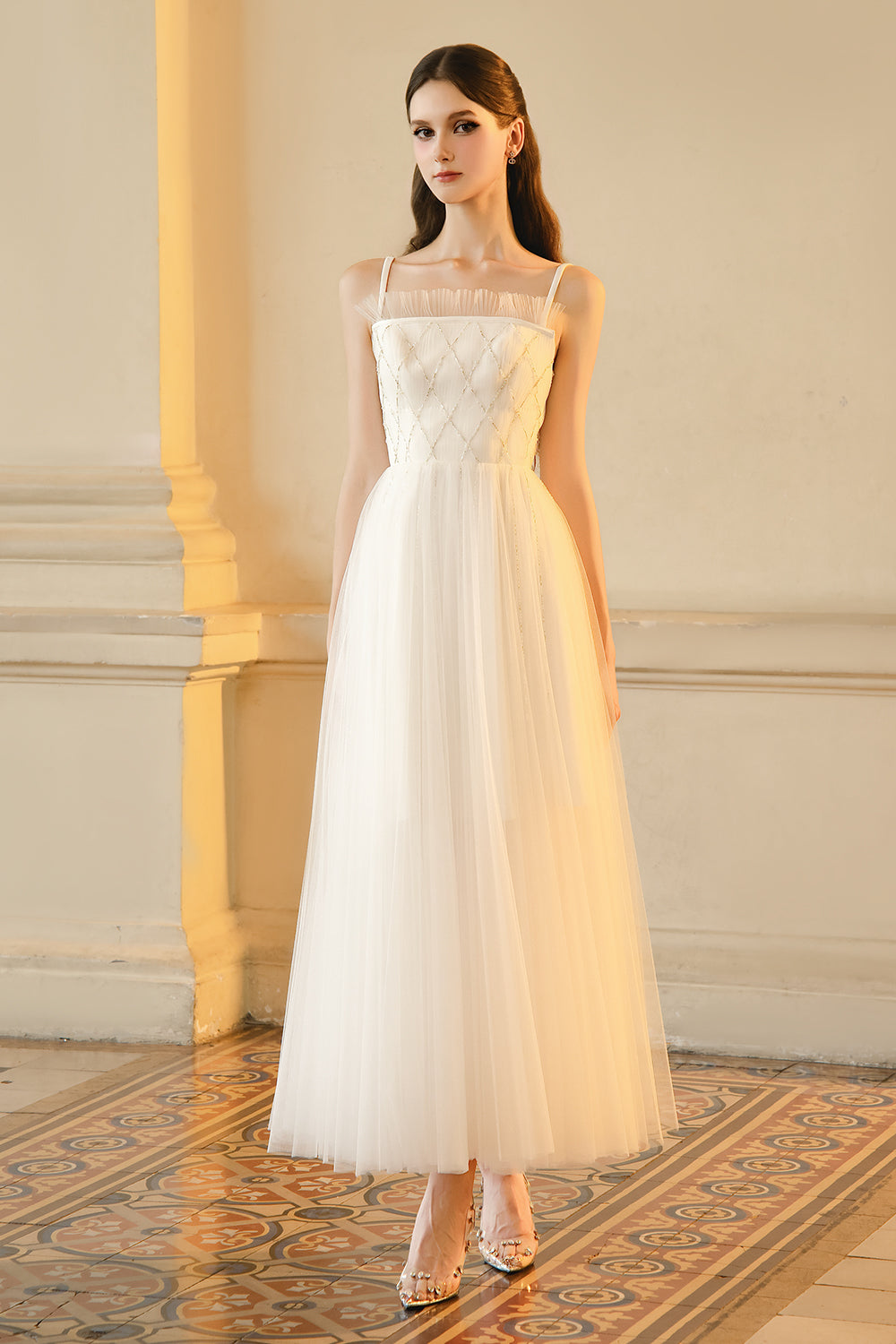 Shiloh A-line Square Neck Mesh Maxi Dress