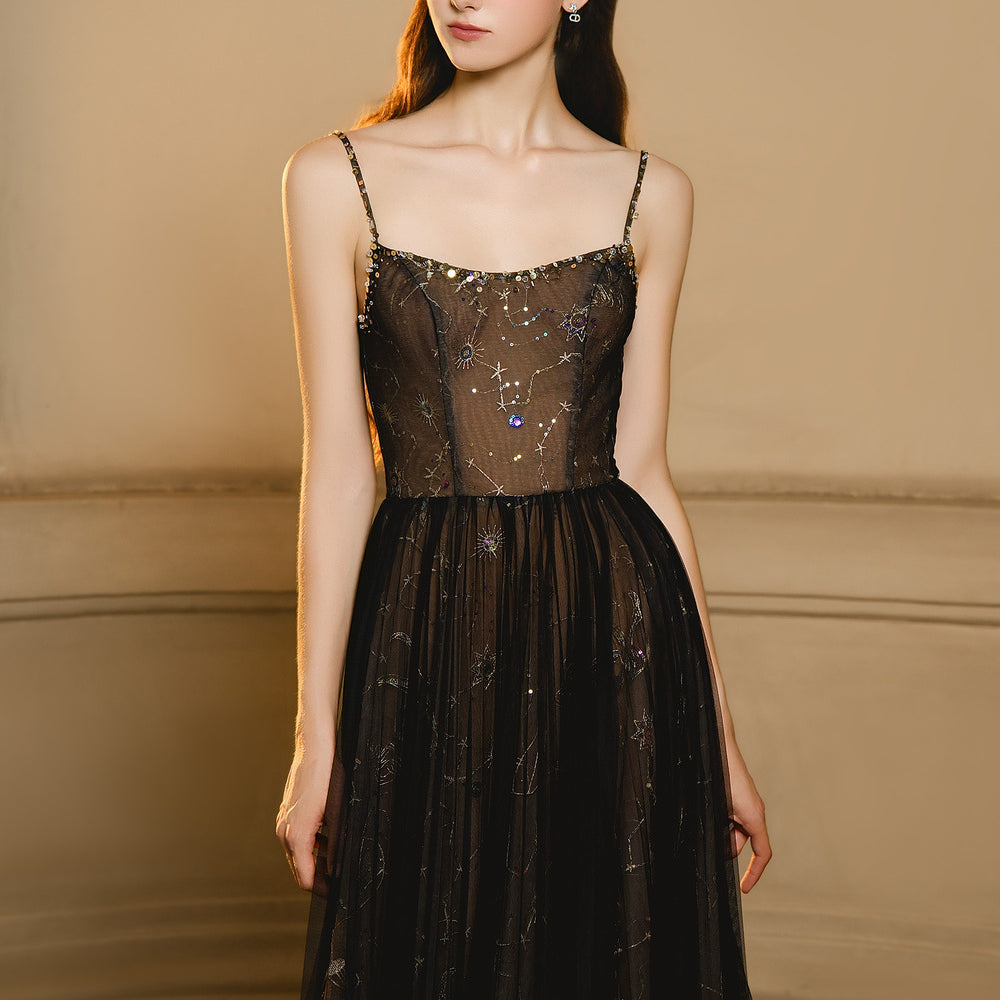 Delin A-line Spaghetti Strap Mesh Maxi Dress