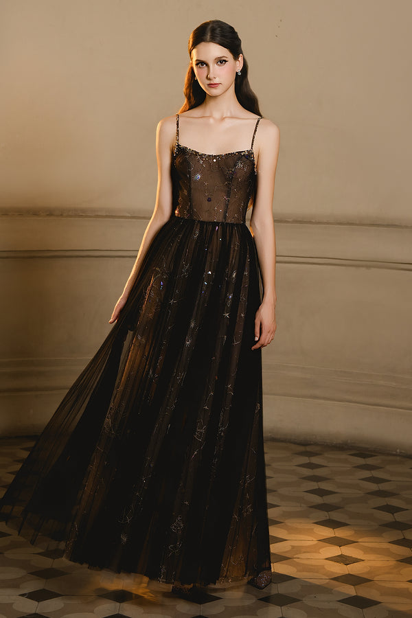 Delin A-line Spaghetti Strap Mesh Maxi Dress