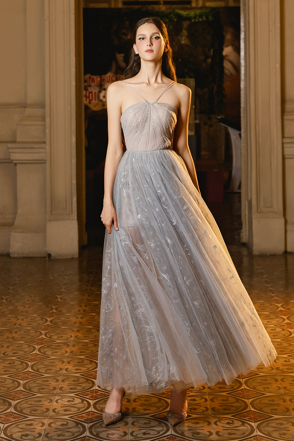 Lucas A-line V-Neck Mesh Maxi Dress