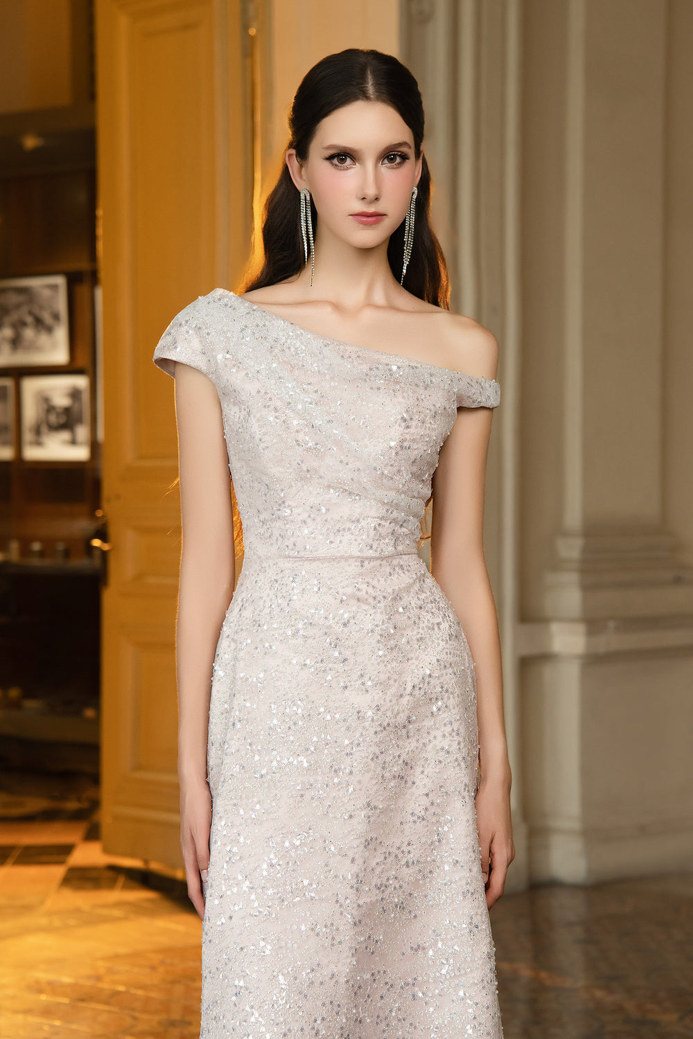 Jonathan Sheath Asymmetric Neck Sequin Maxi Dress