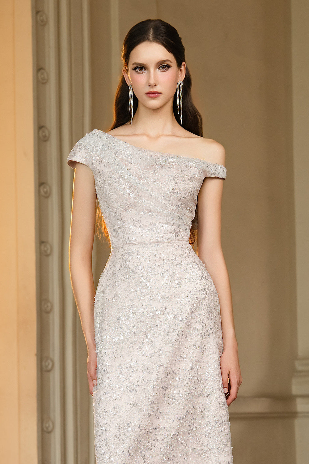 Jonathan Sheath Asymmetric Neck Sequin Maxi Dress