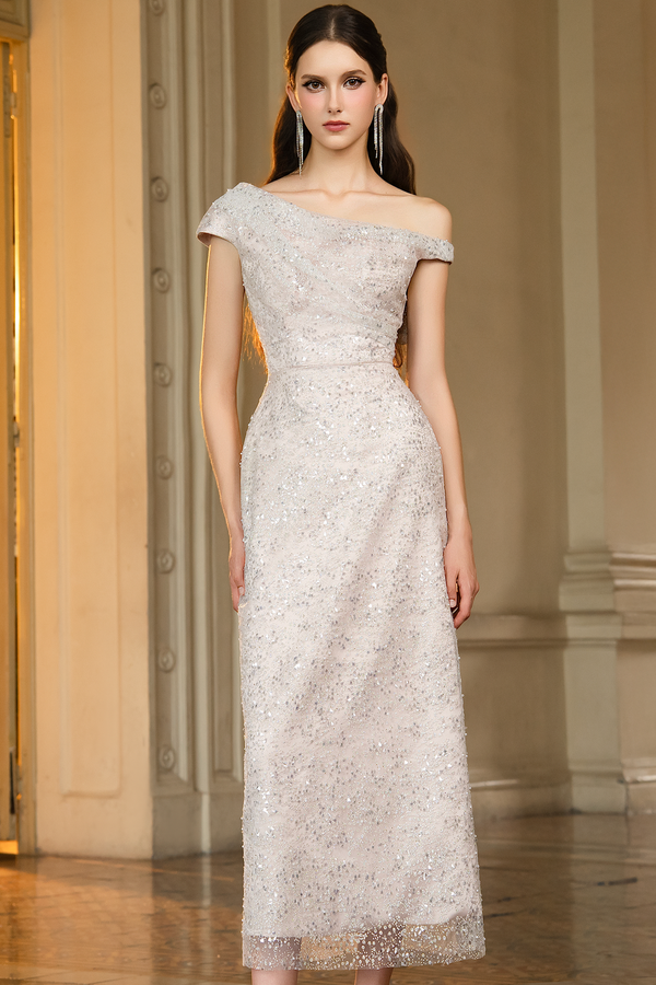 Jonathan Sheath Asymmetric Neck Sequin Maxi Dress