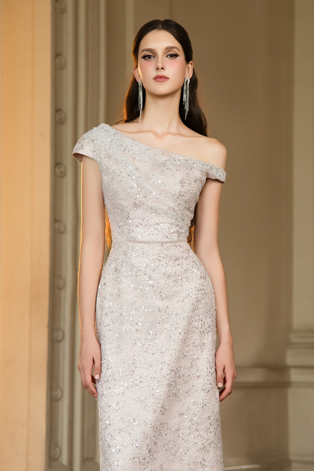 Jonathan Sheath Asymmetric Neck Sequin Maxi Dress