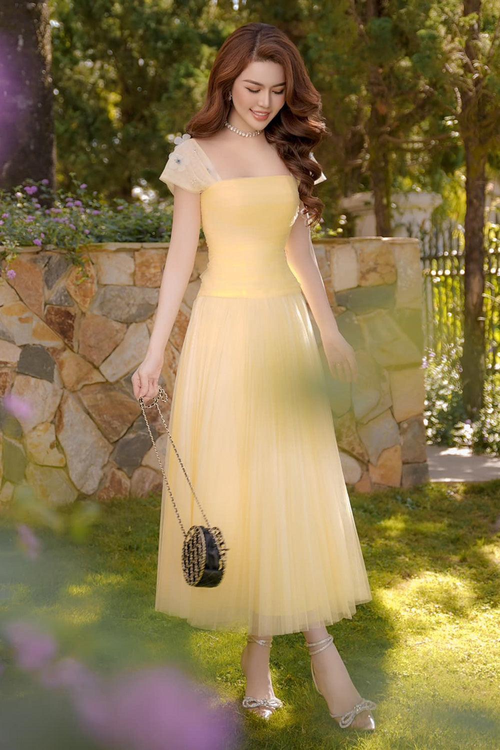 Angelic A-line Square Neck Tulle Ankle Length Dress - MEAN BLVD