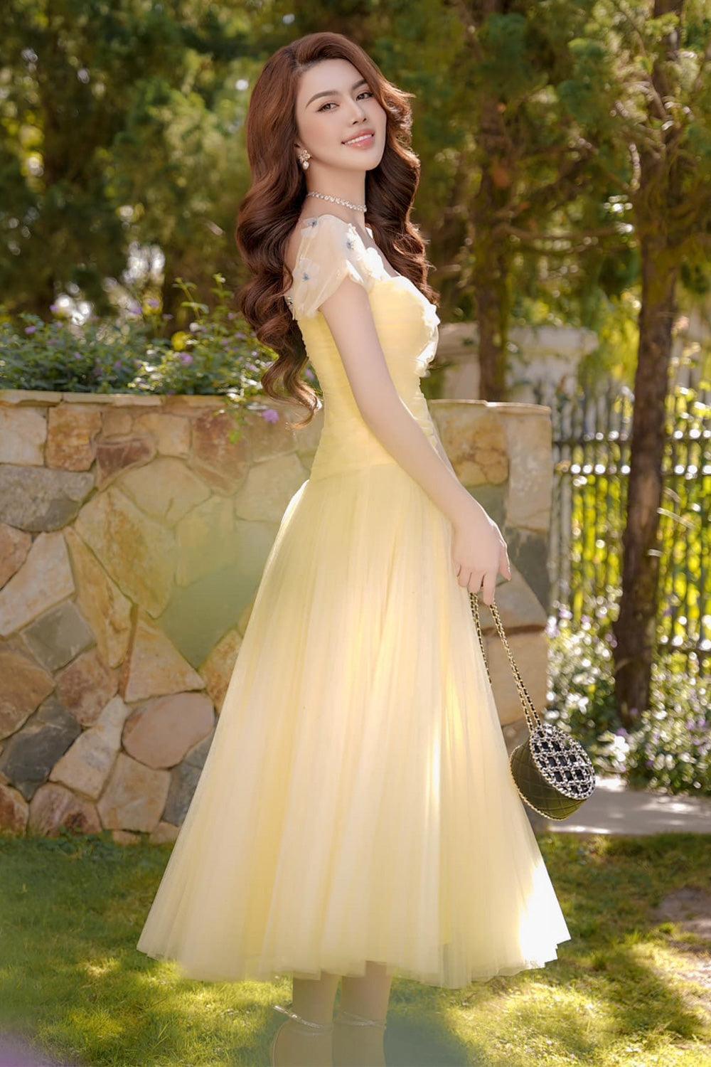 Angelic A-line Square Neck Tulle Ankle Length Dress - MEAN BLVD