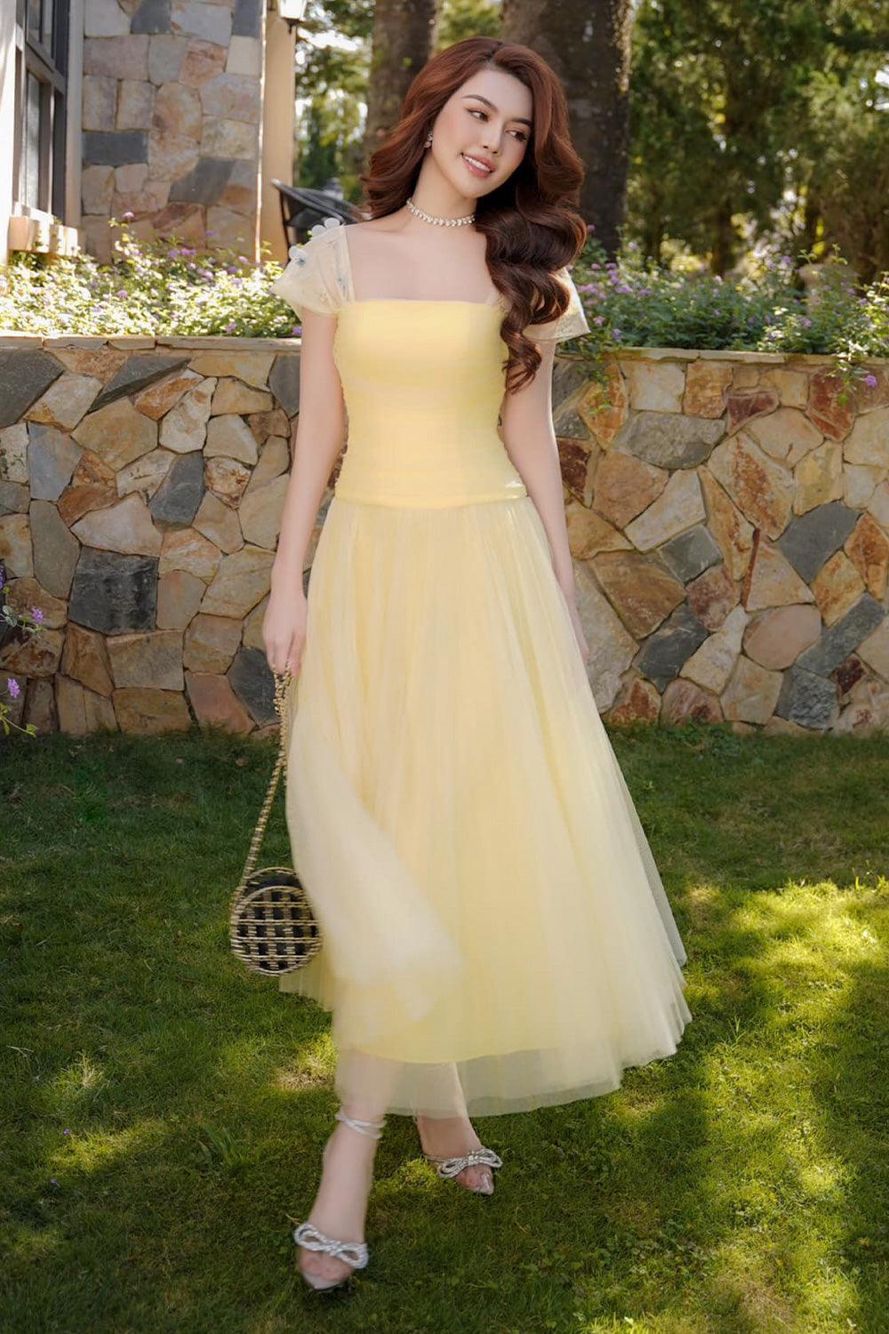 Women's Angelic A-line Square Neck Tulle Ankle Length Dress S/M/L Purple/Yellow/Pink MEAN BLVD Yellow / M