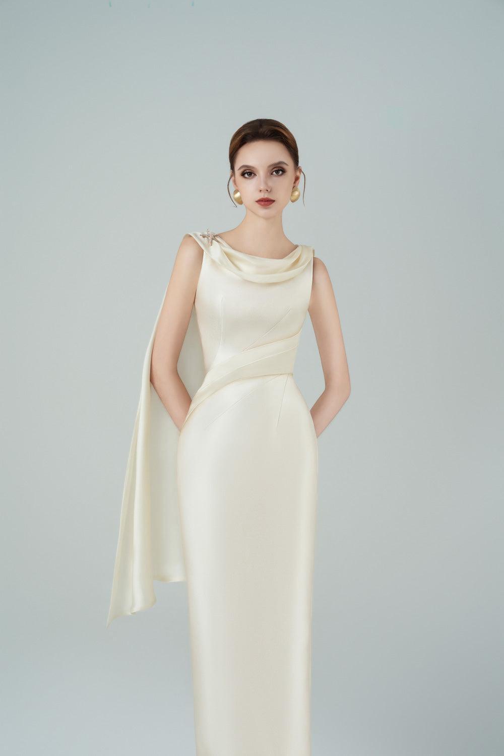 Women's Angelica Pegged Cowl Neck Taffeta Midi Dress S/M/L/XL/Customize Beige MEAN BLVD Women's Angelica Pegged Cowl Neck Taffeta Midi Dress S/M/L/XL/Customize Beige MEAN BLVD