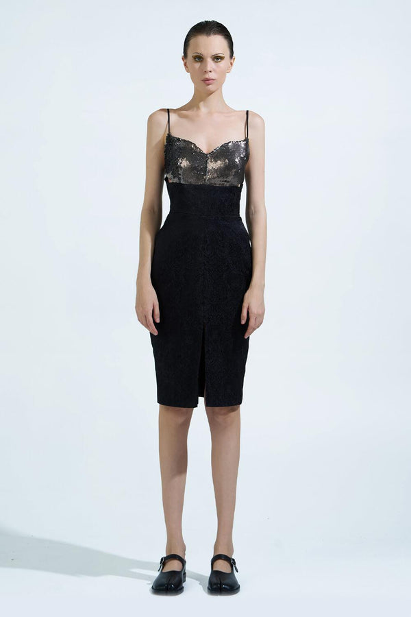 Annalise Bodycon Front Slit Brocade Silk Knee-length Dress - MEAN BLVD