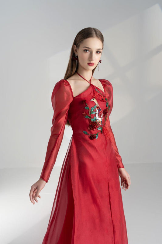 Annie A-line Puffy Sleeved Silk Organza Floor Length Ao Dai - MEAN BLVD