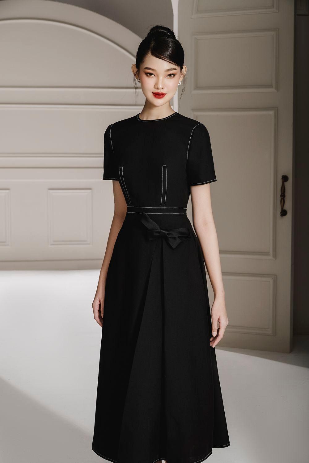 Women's Anta A-Line Short Sleeved Linen Cotton Midi Dress S/M/L/Customize Black Mean Blvd Customize / Black