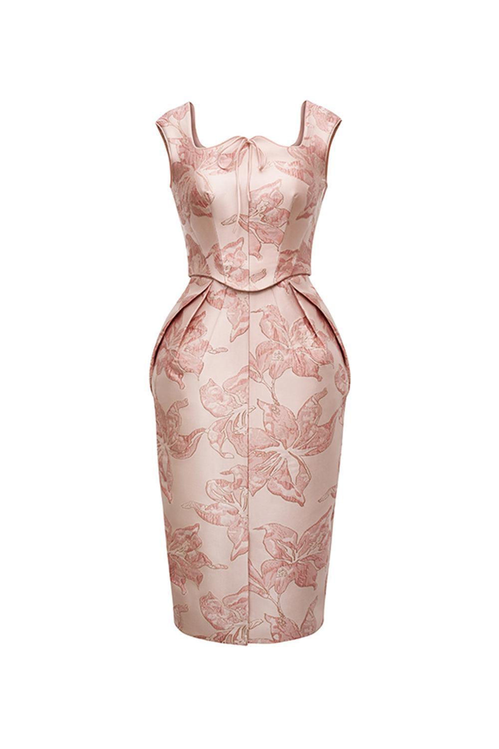 Antoinette Pegged Curved Neck Brocade Midi Dress - MEAN BLVD