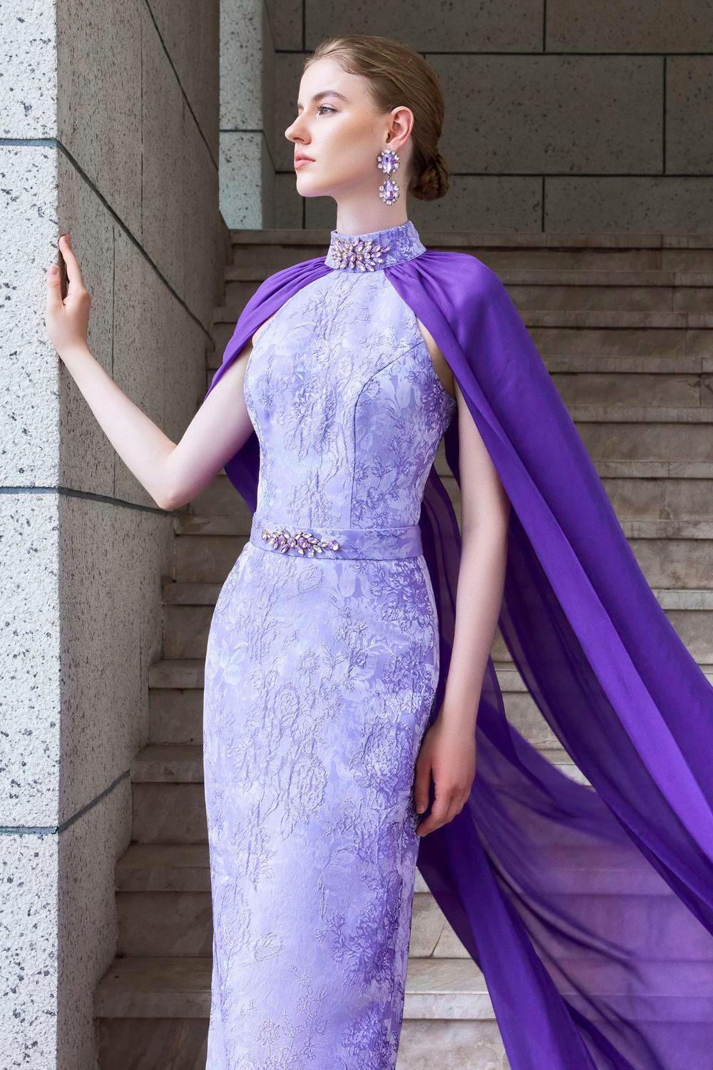 Aphrodite Cape High Neck Jacquard Floor Length Dress - MEAN BLVD