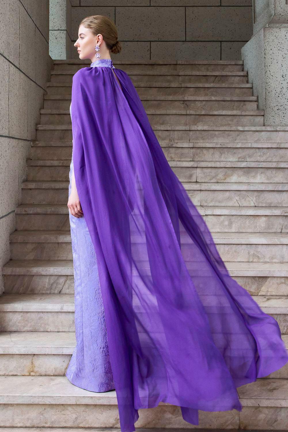 Aphrodite Cape High Neck Jacquard Floor Length Dress - MEAN BLVD