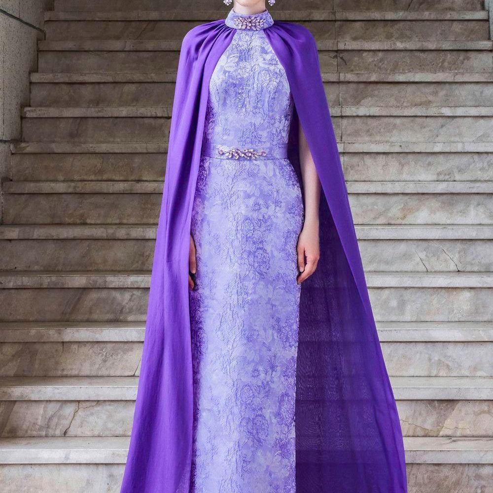 Aphrodite Cape High Neck Jacquard Floor Length Dress - MEAN BLVD