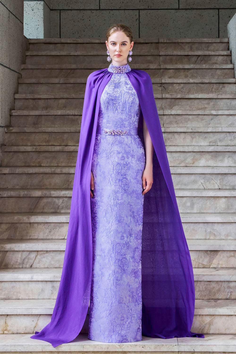 Aphrodite Cape High Neck Jacquard Floor Length Dress - MEAN BLVD