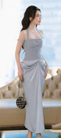Aphrodite Halter Waist Pleated Satin Floor Length Dress - MEAN BLVD