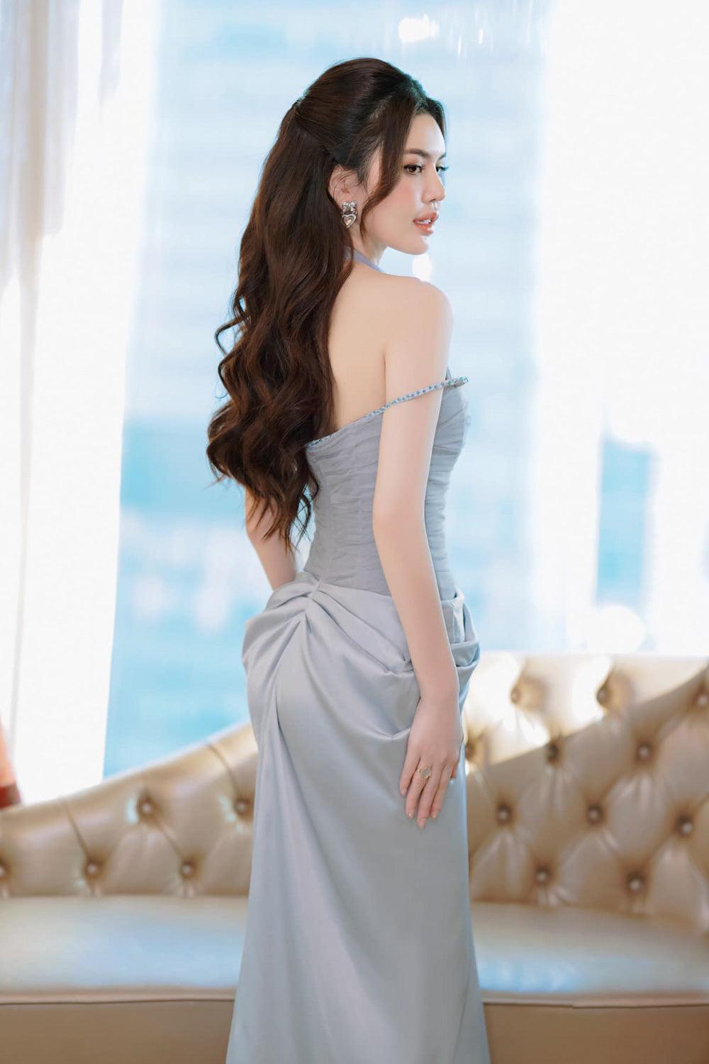 Aphrodite Halter Waist Pleated Satin Floor Length Dress - MEAN BLVD