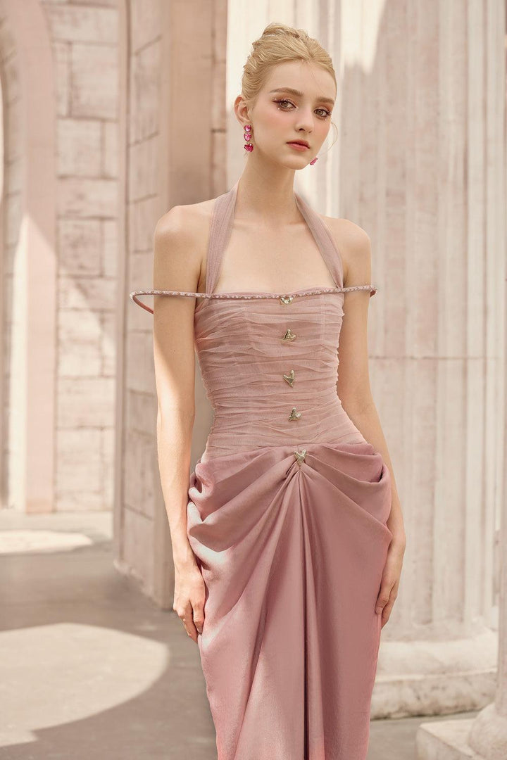Aphrodite Halter Waist Pleated Satin Floor Length Dress - MEAN BLVD