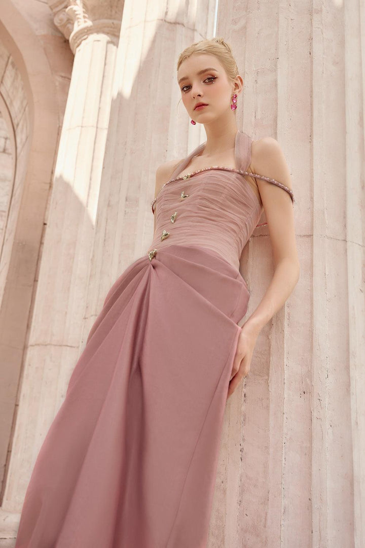 Aphrodite Halter Waist Pleated Satin Floor Length Dress - MEAN BLVD