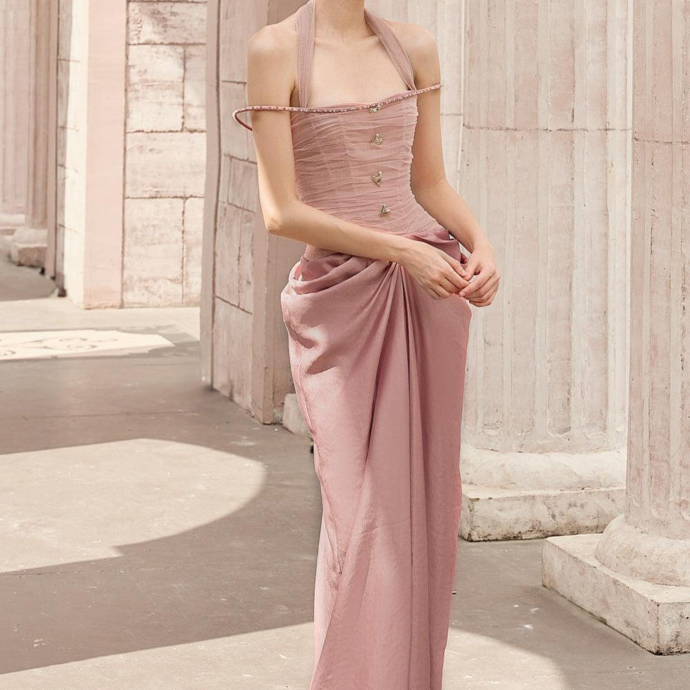 Aphrodite Halter Waist Pleated Satin Floor Length Dress - MEAN BLVD
