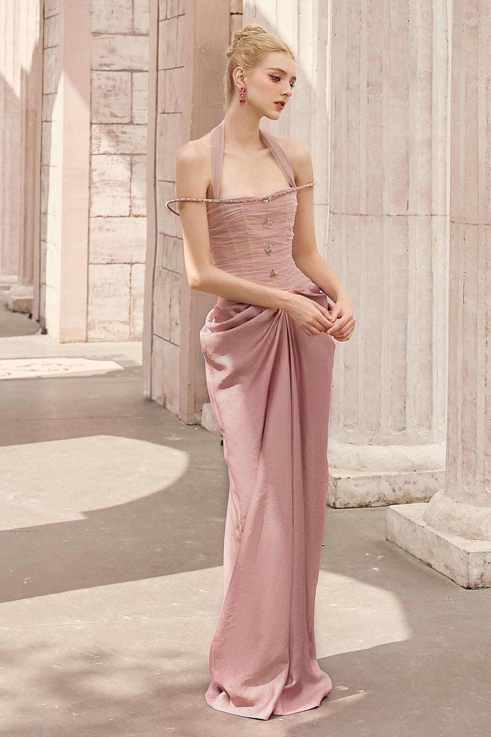 Aphrodite Halter Waist Pleated Satin Floor Length Dress - MEAN BLVD