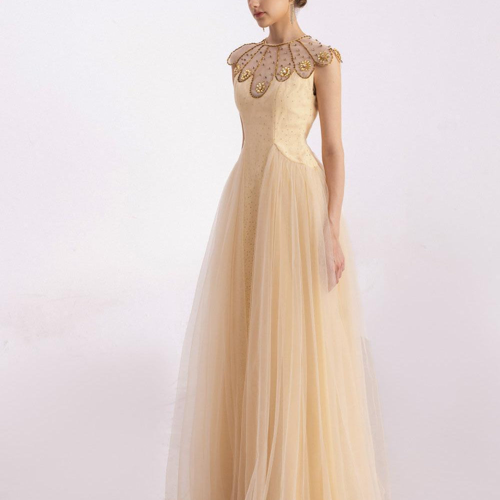 Arabella A-line Gathered Mesh Silk Floor Length Dress - MEAN BLVD