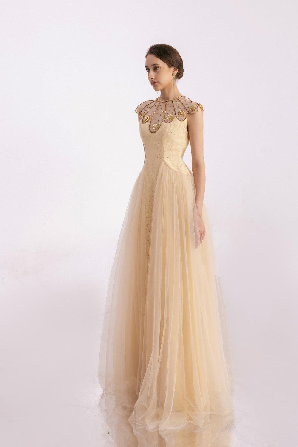 Women's Arabella A-Line Gathered Mesh Silk Floor Length Dress XS/S/M/L/XL Beige Mean Blvd Beige / XL Women's Arabella A-Line Gathered Mesh Silk Floor Length Dress XS/S/M/L/XL Beige Mean Blvd Beige / XL