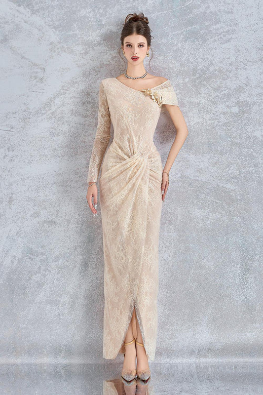 Arcturus Sarong Asymmetric Neck Mesh Lace Floor Length Dress - MEAN BLVD