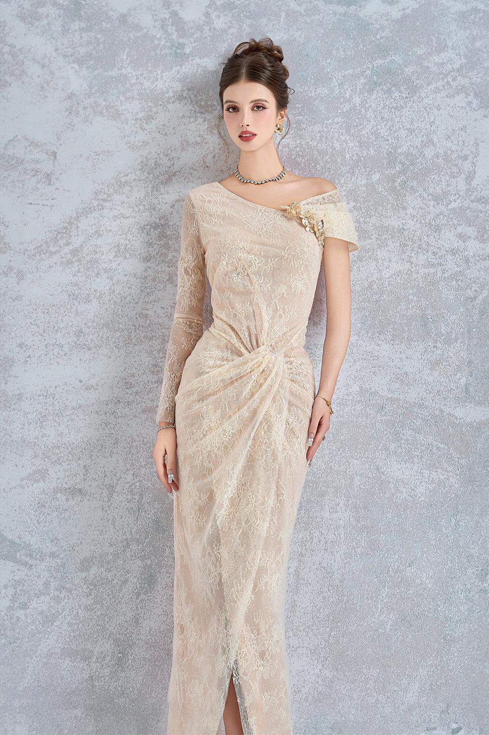 Arcturus Sarong Asymmetric Neck Mesh Lace Floor Length Dress - MEAN BLVD