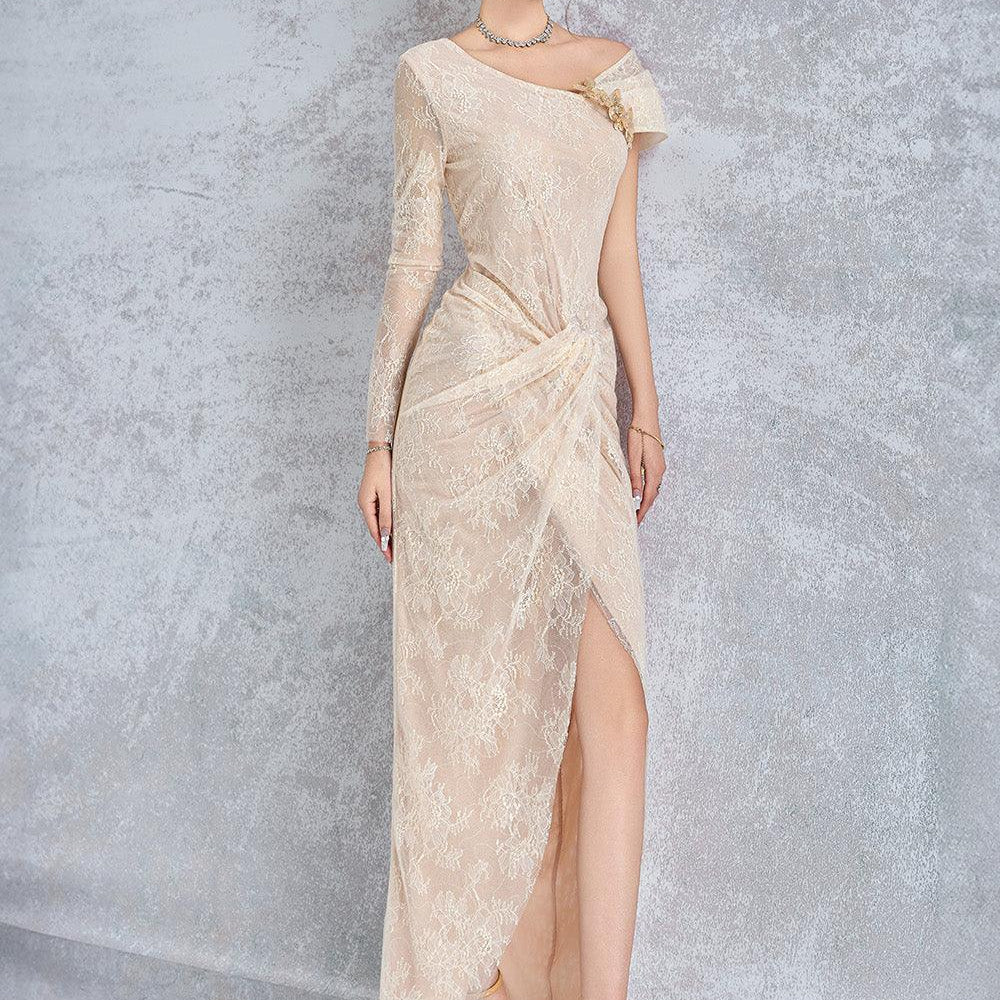 Arcturus Sarong Asymmetric Neck Mesh Lace Floor Length Dress - MEAN BLVD