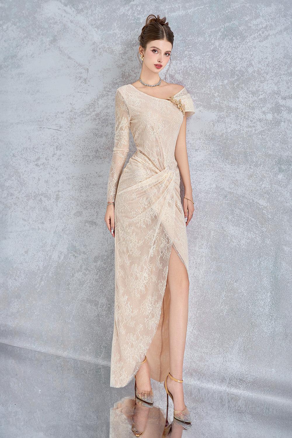 Arcturus Sarong Asymmetric Neck Mesh Lace Floor Length Dress - MEAN BLVD