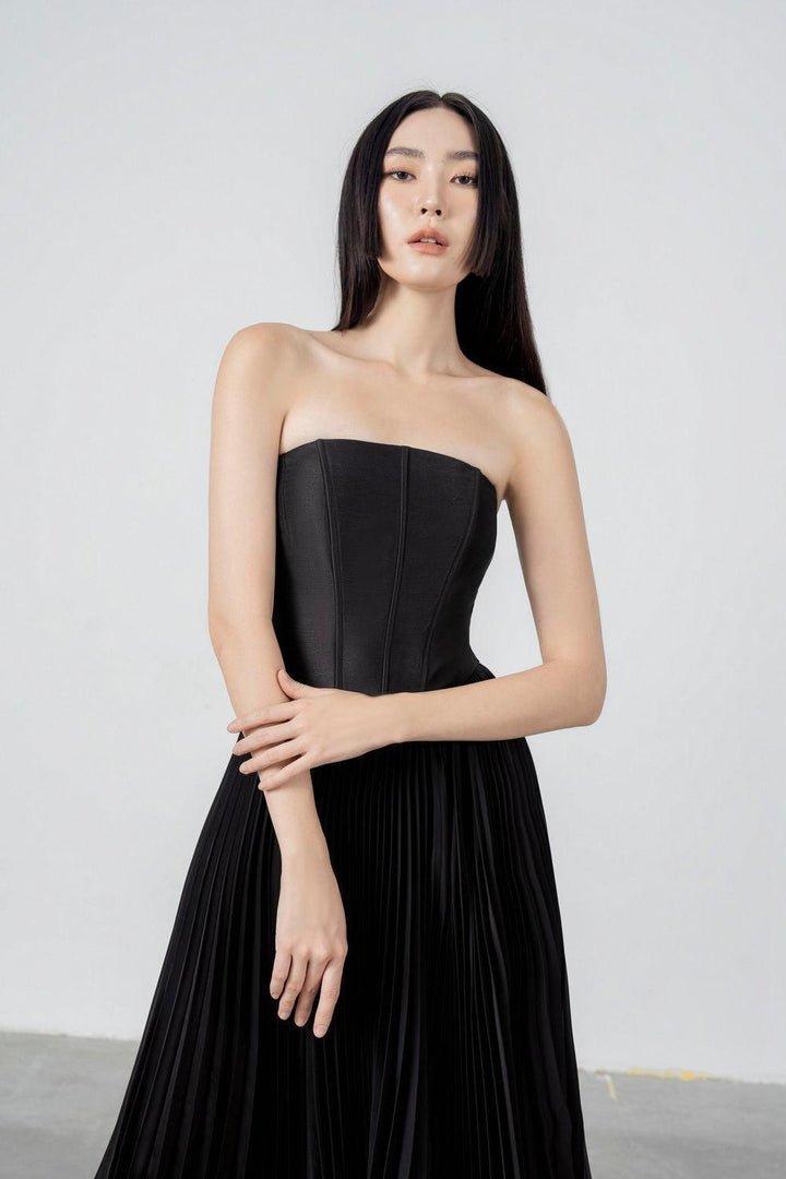 Aretha Strapless Straight Across Neck Taffeta Midi Dress - MEAN BLVD