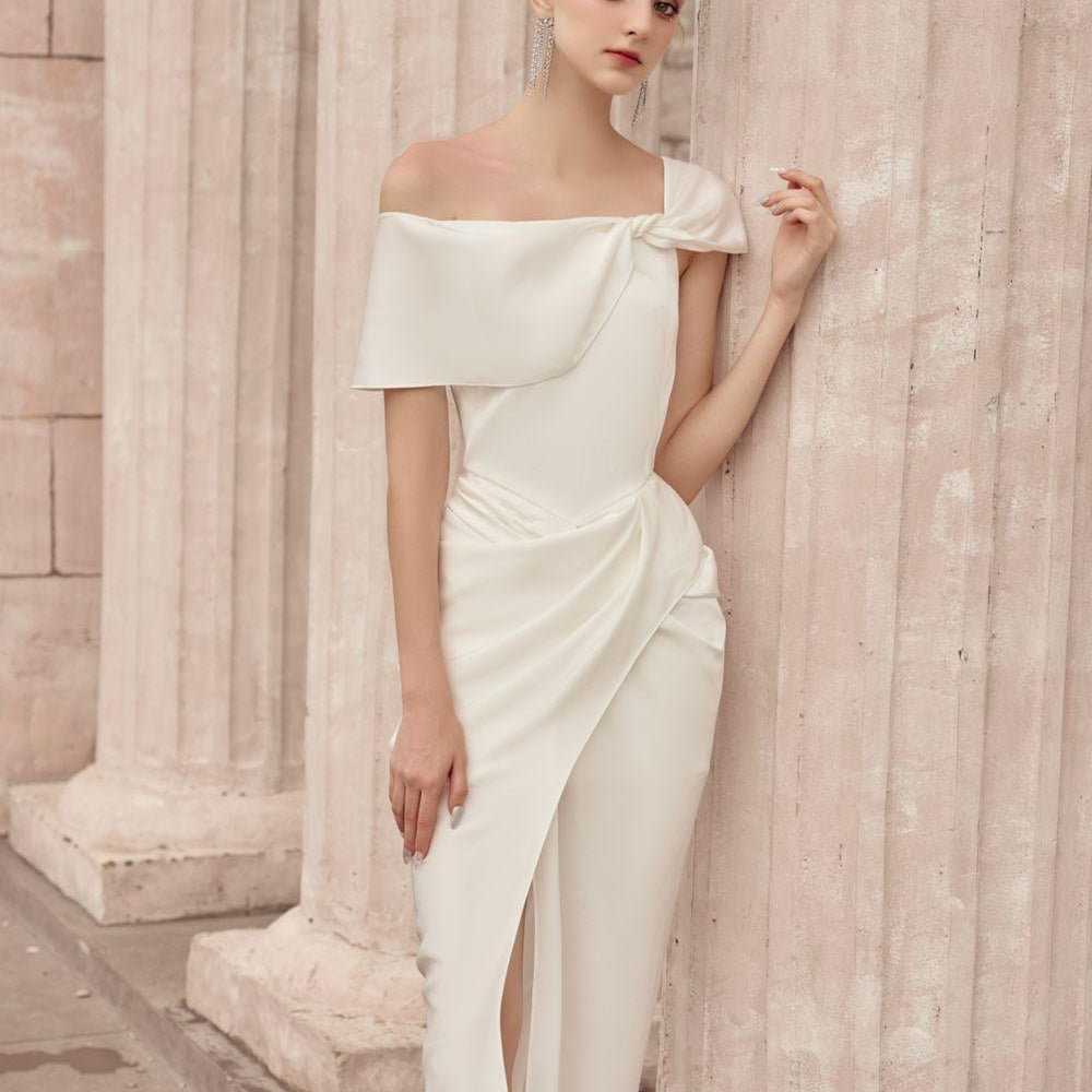 Ariadne Slit Asymmetric Neck Silk Ankle Length Dress - MEAN BLVD