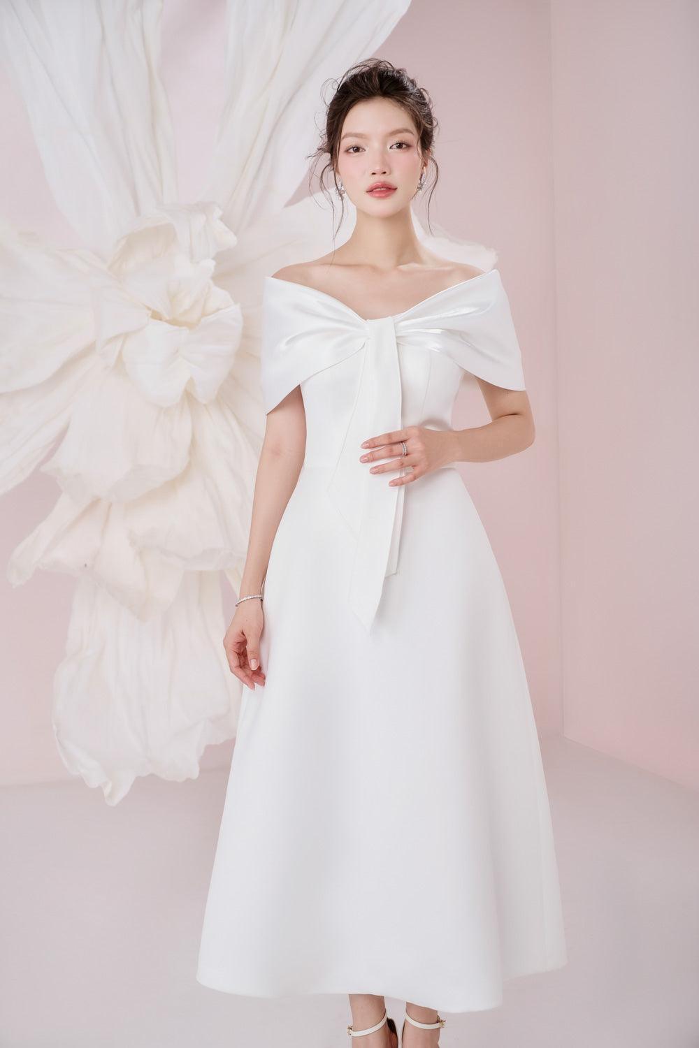 Ariana A-line Off-Shoulder Taffeta Cotton Ankle Length Dress White / S