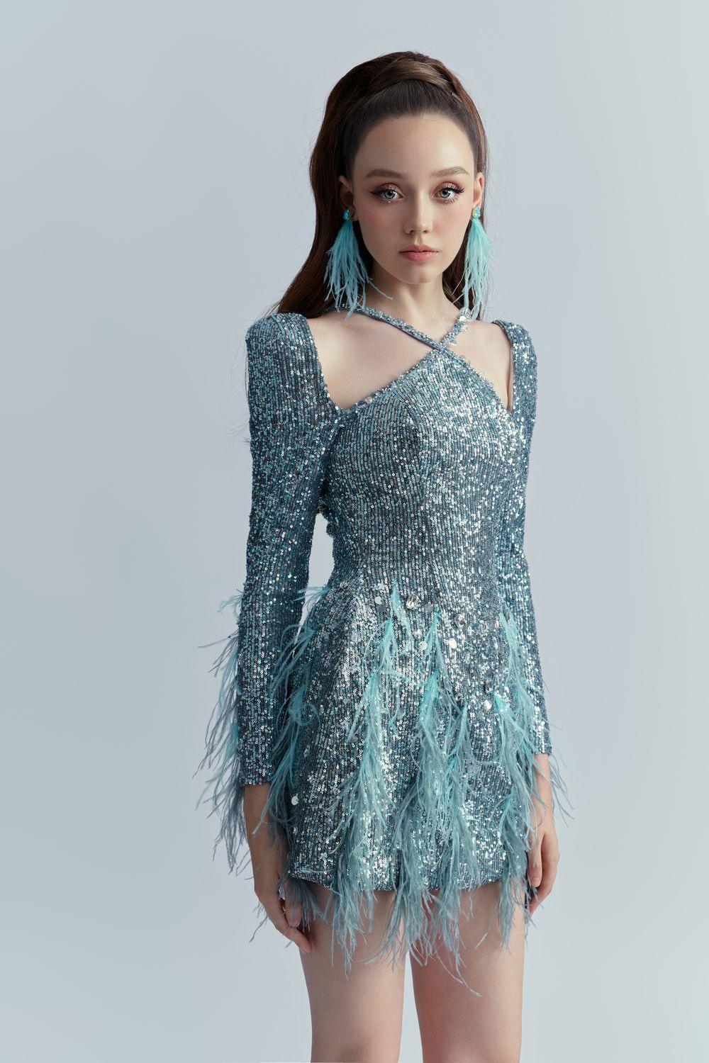Women's Ariel A-line Feather Sequin Mini Dress S/M/L Blue MEAN BLVD S / Blue Women's Ariel A-line Feather Sequin Mini Dress S/M/L Blue MEAN BLVD S / Blue