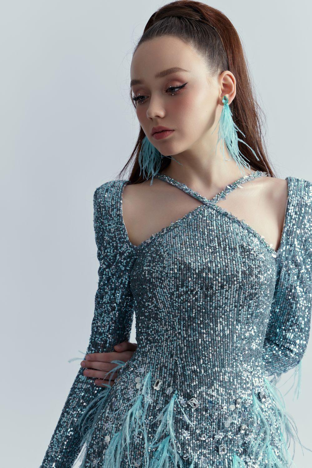 Women's Ariel A-line Feather Sequin Mini Dress S/M/L Blue MEAN BLVD S / Blue Women's Ariel A-line Feather Sequin Mini Dress S/M/L Blue MEAN BLVD S / Blue