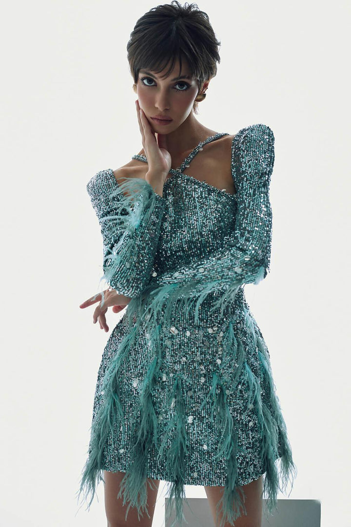 Ariel A-line Feather Sequin Mini Dress - MEAN BLVD