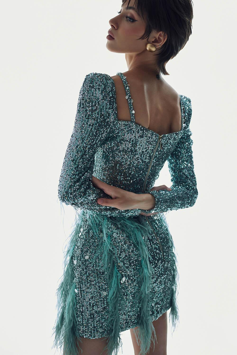 Women's Ariel A-line Feather Sequin Mini Dress S/M/L Blue MEAN BLVD S / Blue Women's Ariel A-line Feather Sequin Mini Dress S/M/L Blue MEAN BLVD S / Blue